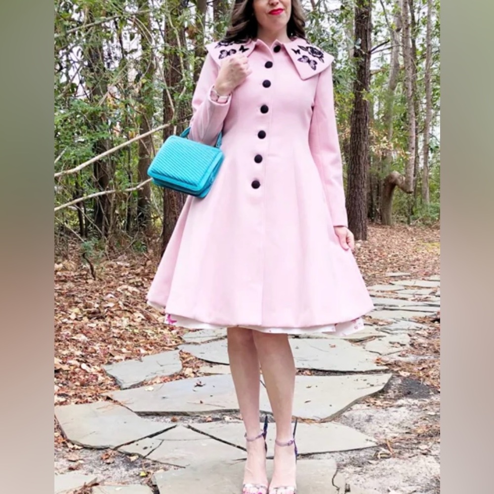 Soft pink Hellbunny coat with stunning embroidered butterfly collar. Size L